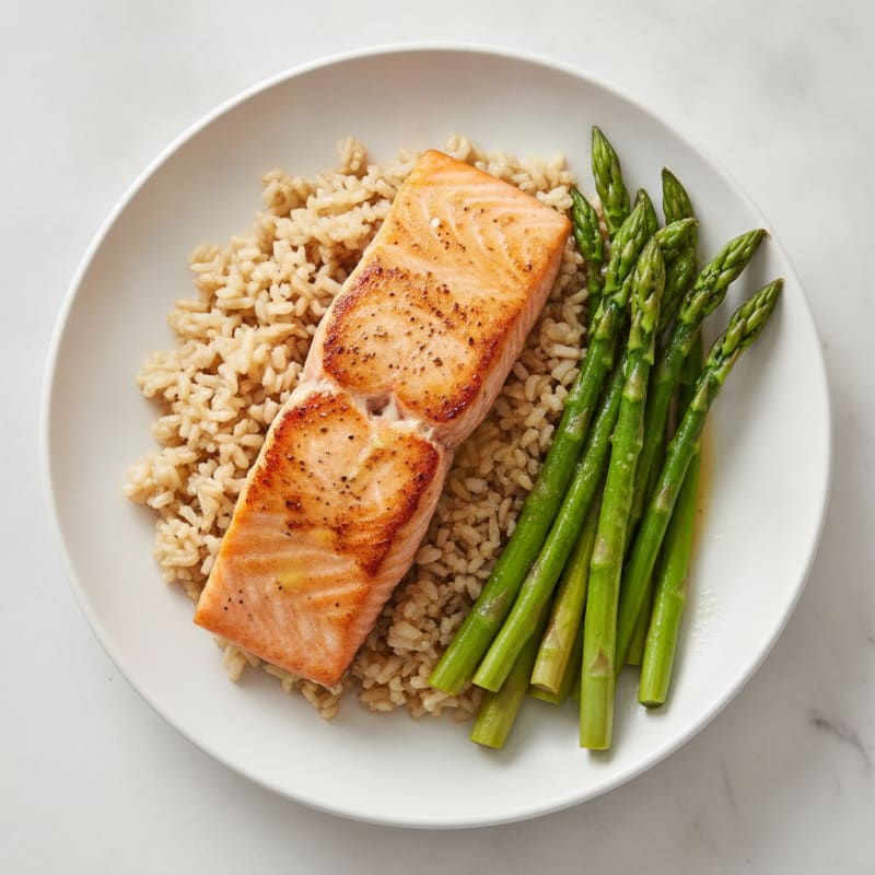 Seared Salmon with Steamed Asparagus and Brown Rice