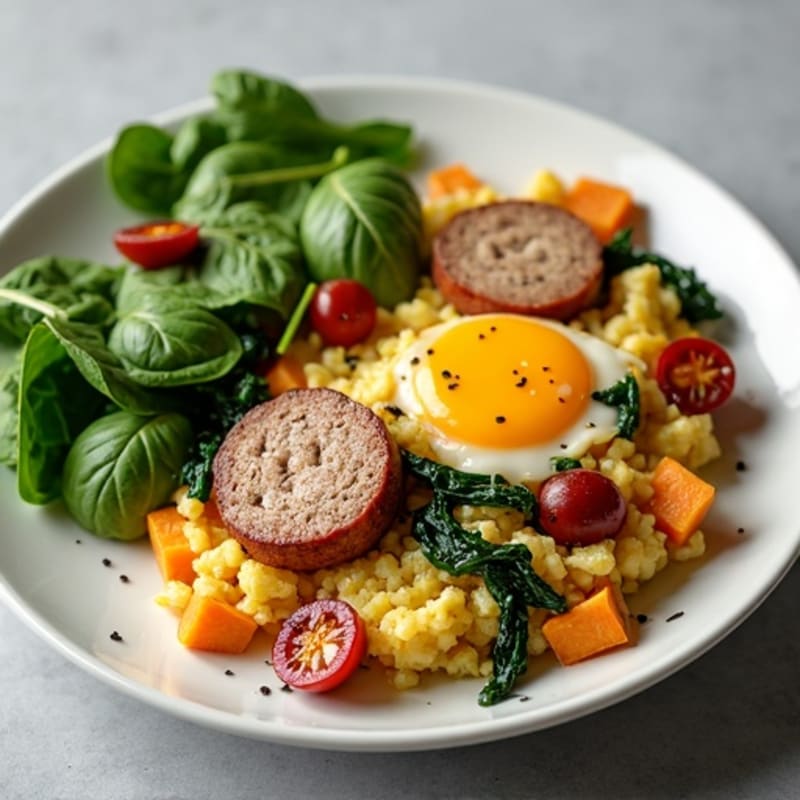 Egg White and Turkey Sausage Scramble with Spinach and Roasted Sweet Potatoes