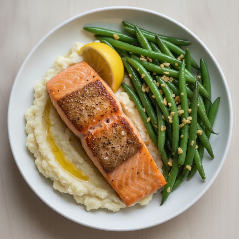 Seared Salmon with Garlic Green Beans and Cauliflower Mash