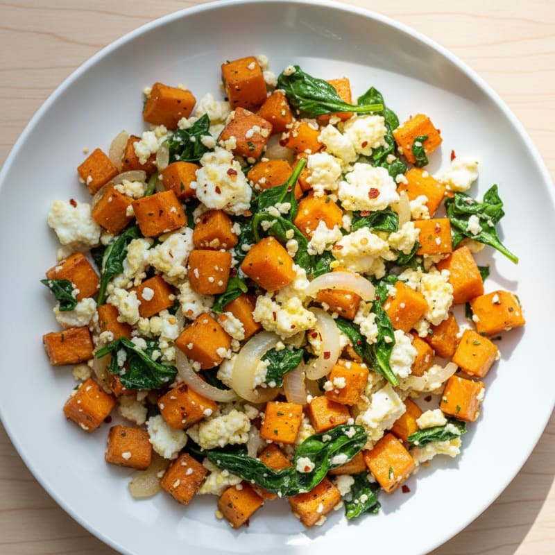 Egg White and Sweet Potato Hash with Fresh Spinach