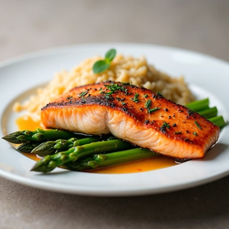 Seared Salmon with Steamed Asparagus and Brown Rice