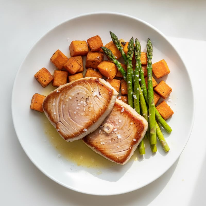 Seared Tuna Steak with Roasted Sweet Potato and Asparagus