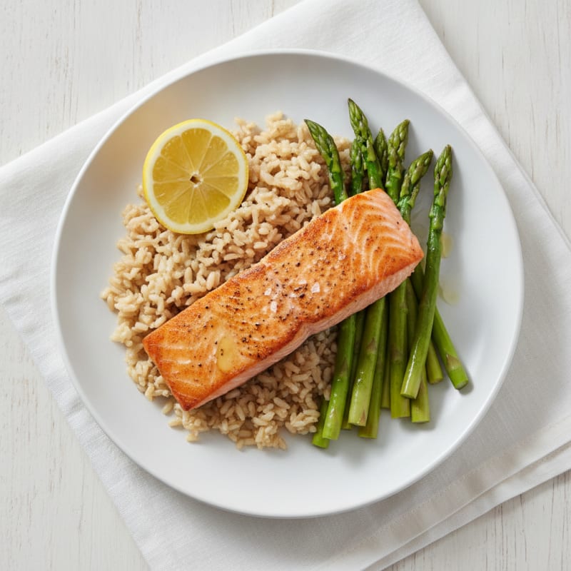 Seared Salmon with Steamed Asparagus and Brown Rice