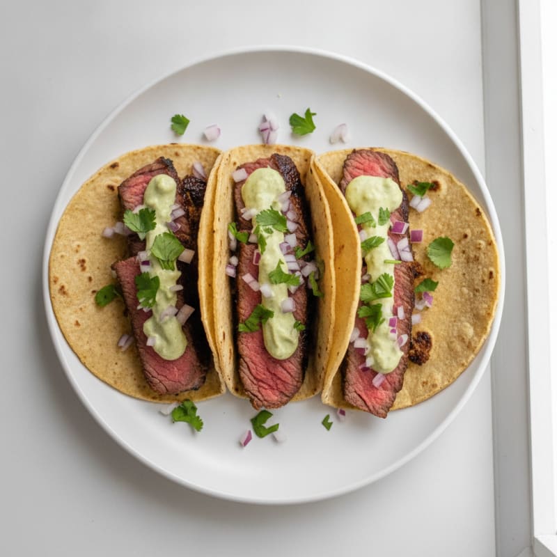 Carne Asada Tacos with Avocado Crema