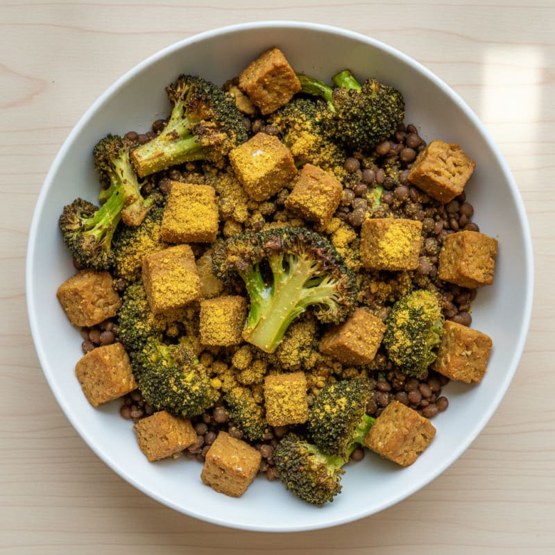 Lentil and Tempeh Power Bowl with Roasted Broccoli