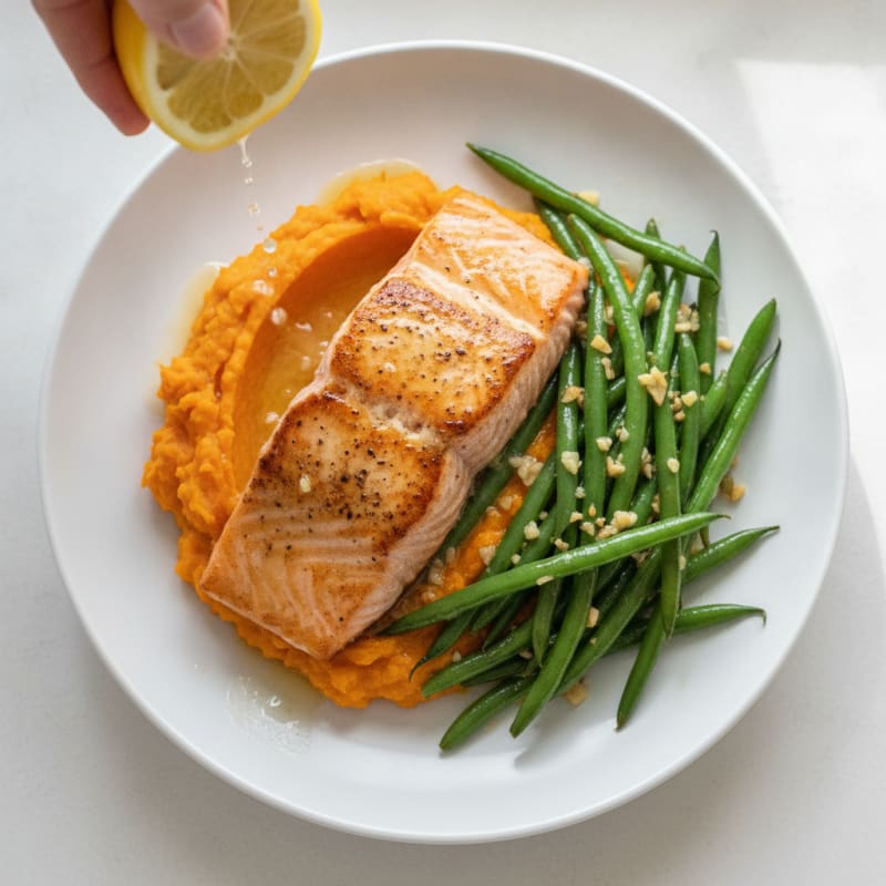 Seared Salmon Fillet with Garlic Green Beans and Sweet Potato Mash