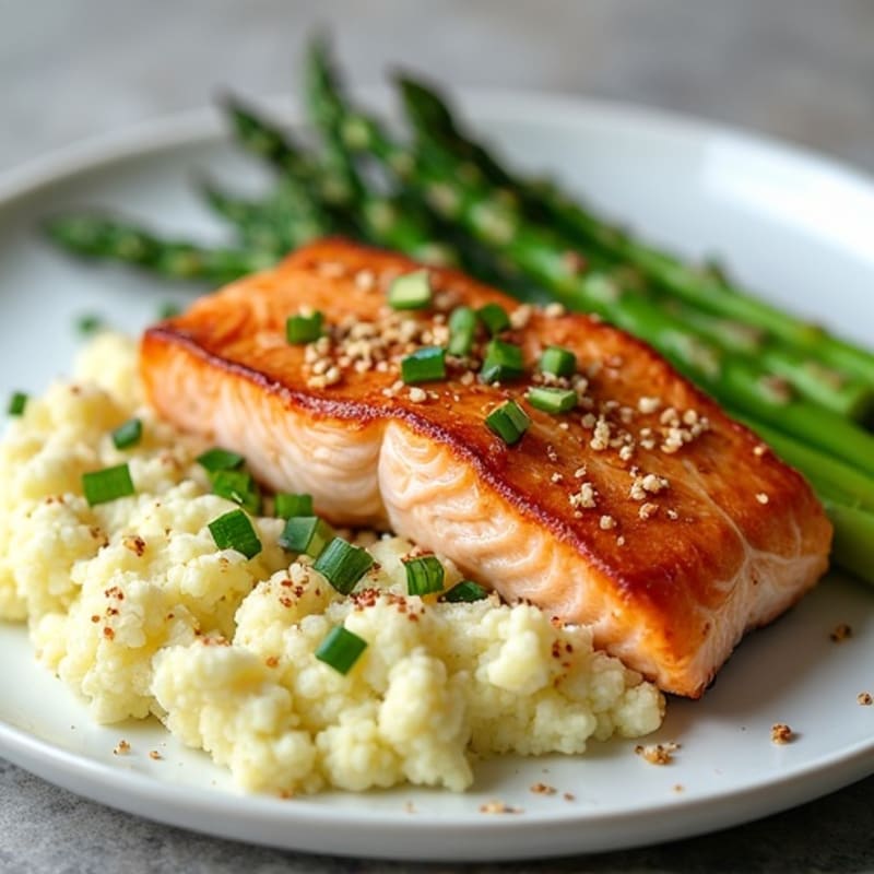 Seared Salmon with Steamed Asparagus and Garlic Cauliflower Mash
