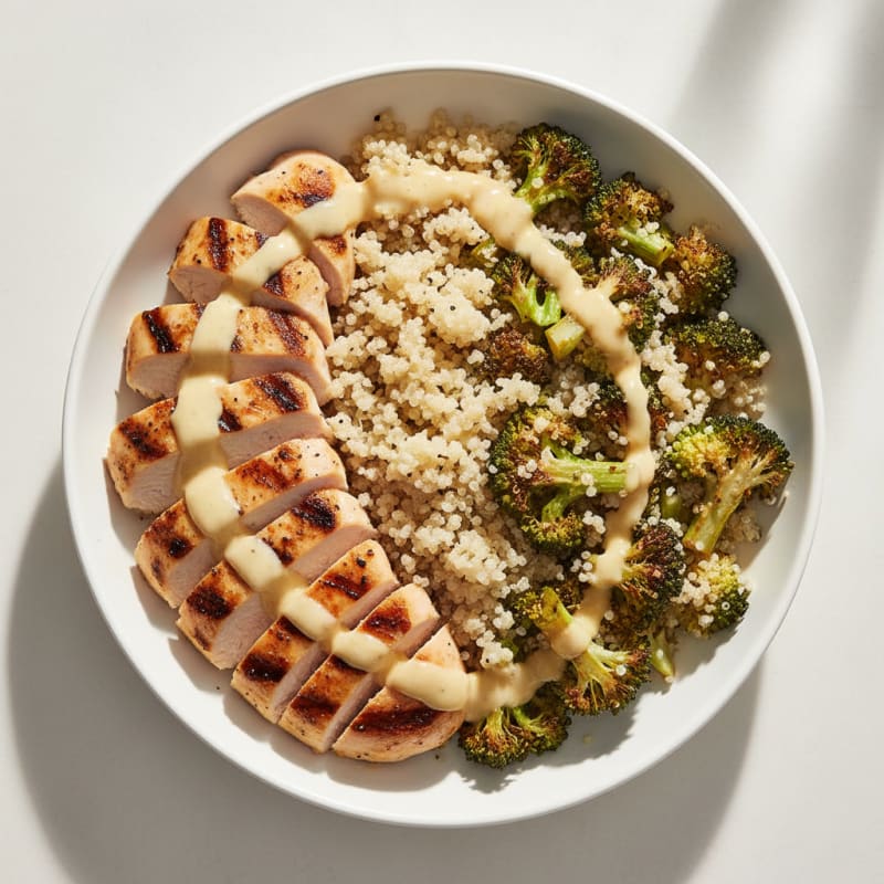 Grilled Chicken and Quinoa Bowl with Roasted Broccoli and Lemon Tahini Drizzle