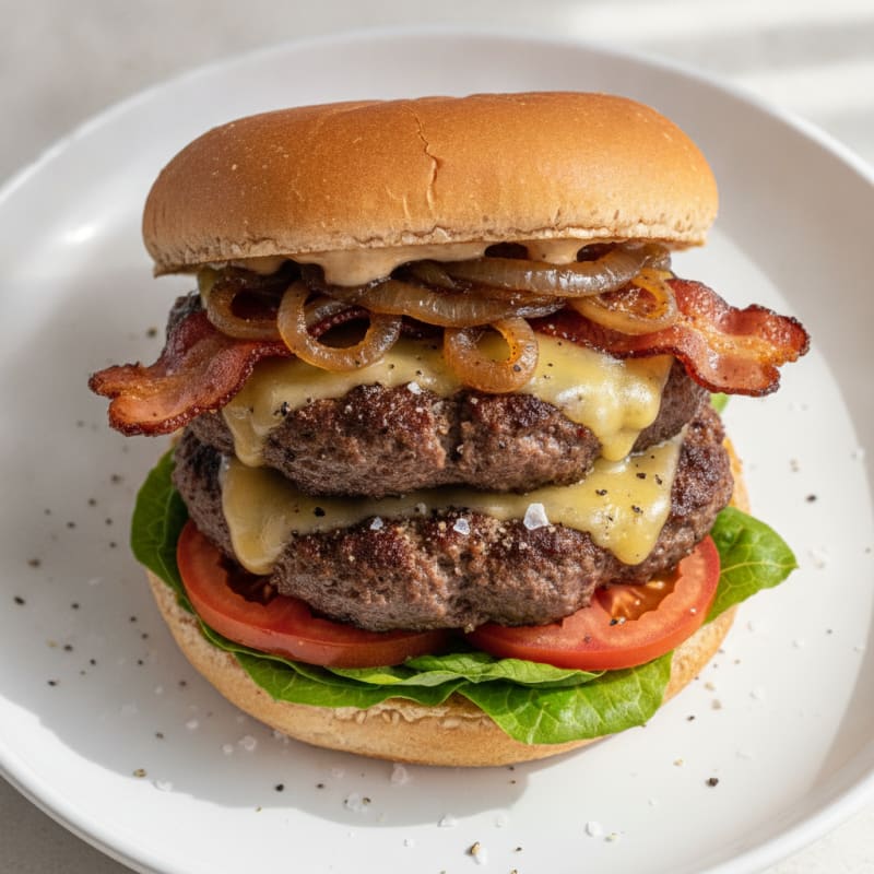 Double Bacon Cheeseburger with Caramelized Onions