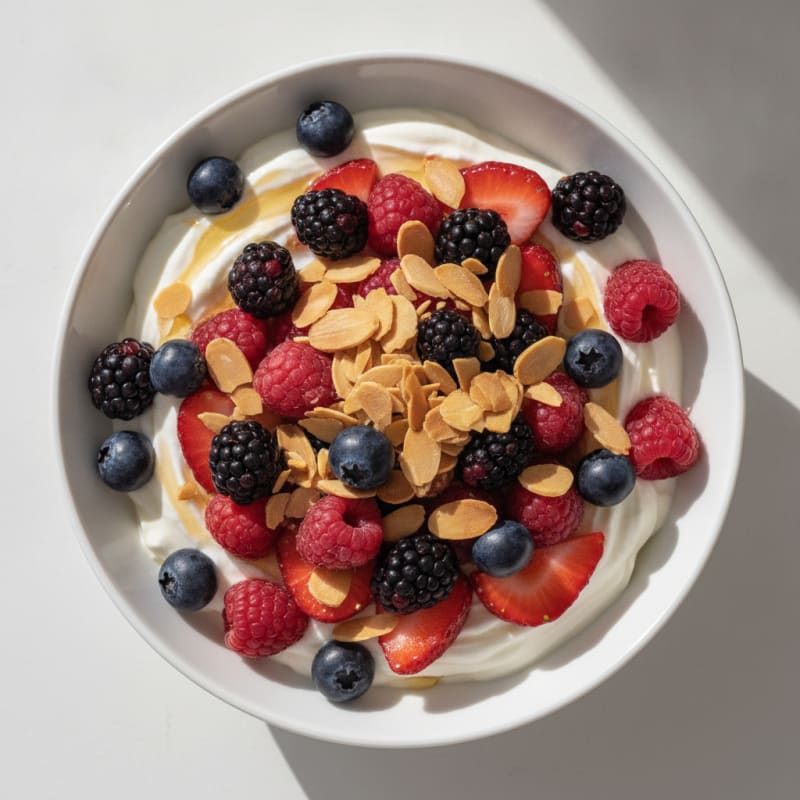 Greek Yogurt Protein Parfait with Mixed Berries and Almonds