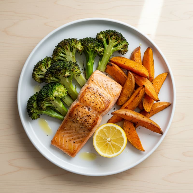 Seared Salmon Fillet with Roasted Broccoli and Sweet Potato