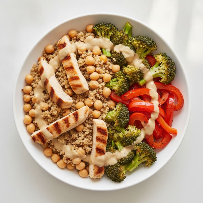 Chickpea and Quinoa Power Bowl with Roasted Vegetables and Lemon-Tahini Drizzle