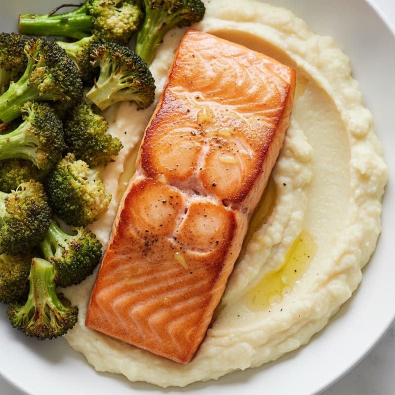 Seared Salmon with Roasted Broccoli and Garlic Mashed Cauliflower