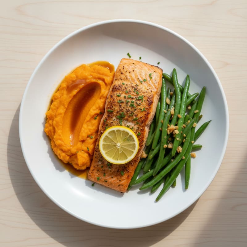 Baked Salmon with Garlic Green Beans and Sweet Potato Mash