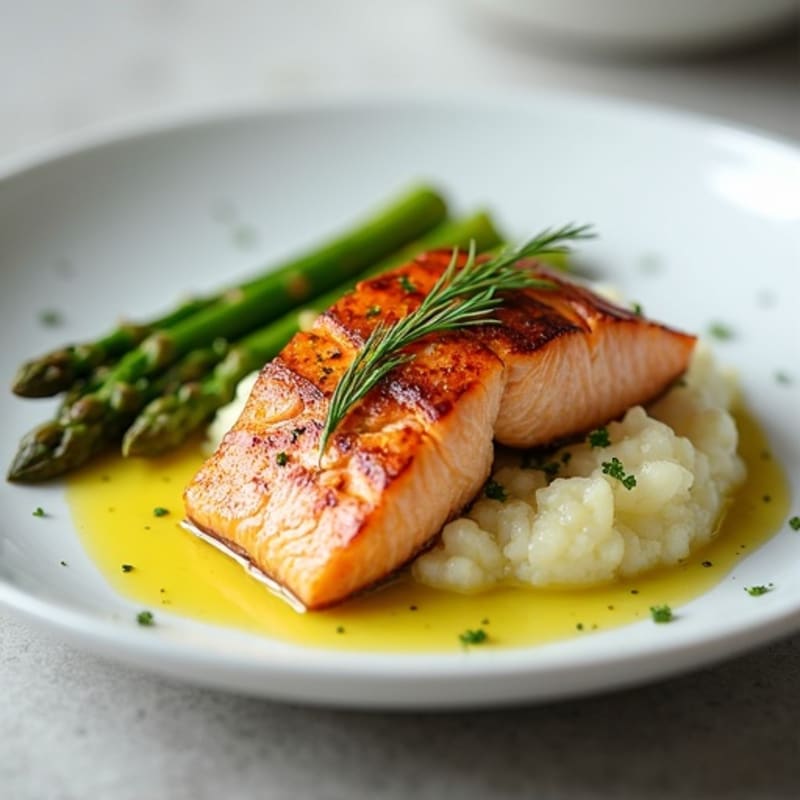 Seared Salmon with Steamed Asparagus and Cauliflower Mash