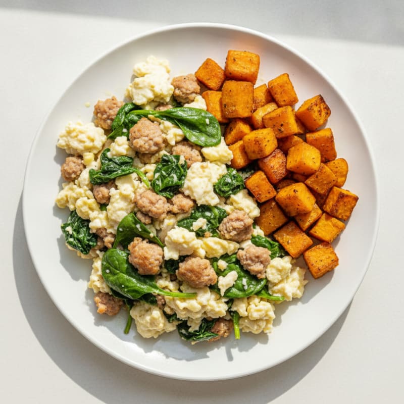 Egg White and Turkey Sausage Scramble with Sautéed Spinach and Roasted Sweet Potato