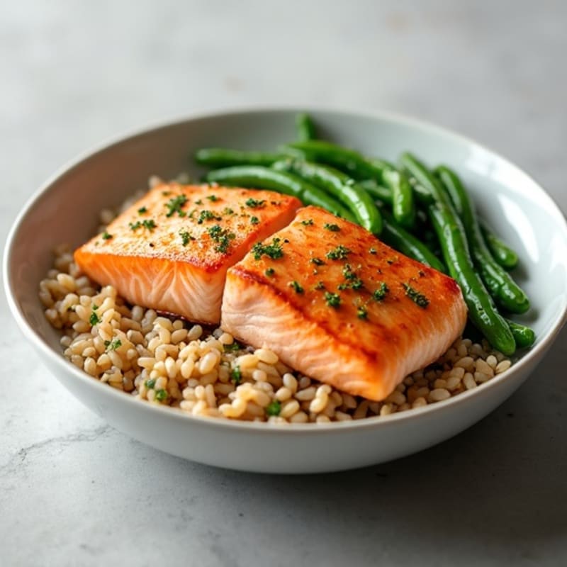Seared Salmon with Garlic Green Beans and Brown Rice