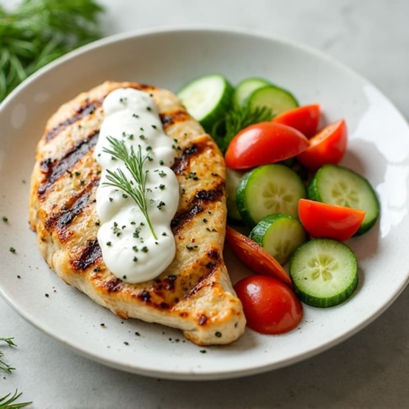 Lemon-Herb Grilled Chicken with Fresh Cucumber-Tomato Salad and Creamy Dill Sauce