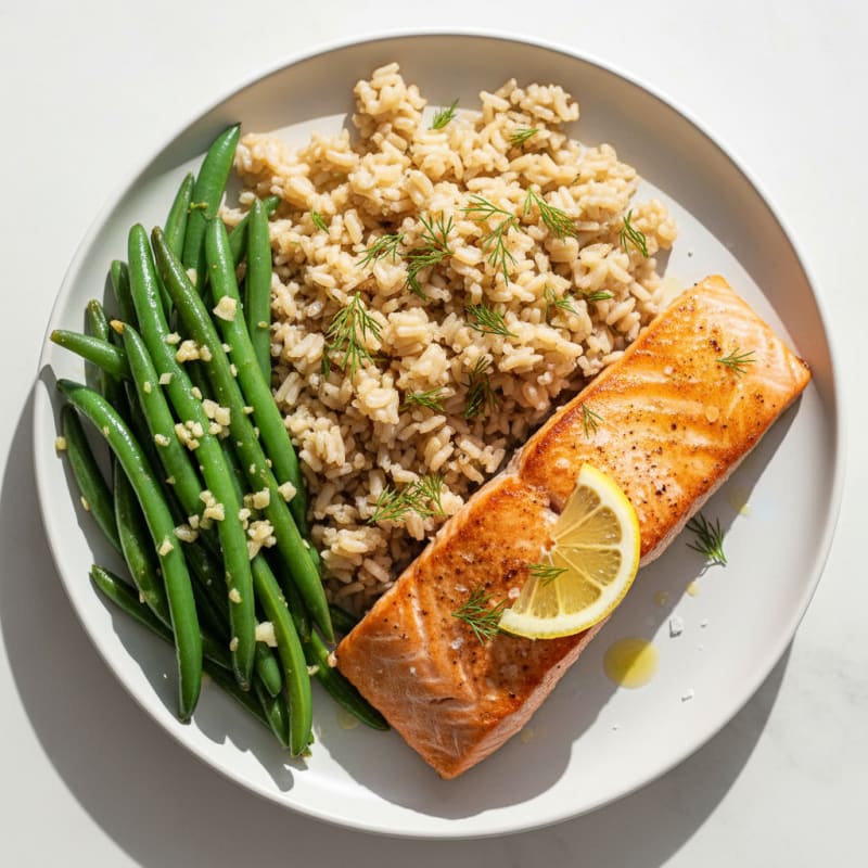 Seared Salmon with Garlic Green Beans and Herbed Brown Rice