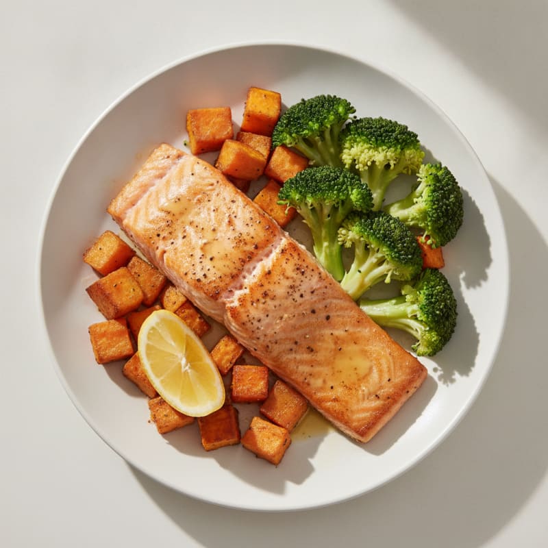 Pan-Seared Salmon with Steamed Broccoli and Roasted Sweet Potato