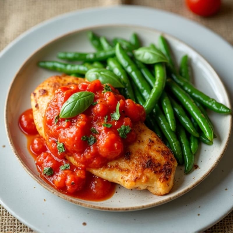 Pan-Seared Chicken Breast with Rich Tomato-Basil Sauce and Roasted Green Beans