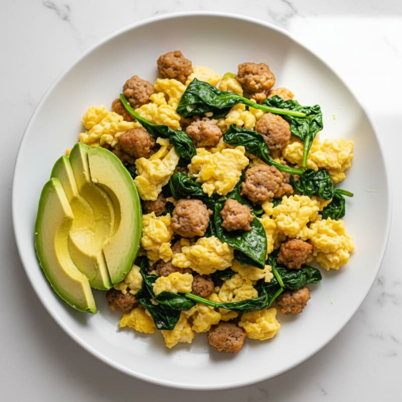 Scrambled Eggs with Turkey Sausage and Sautéed Spinach