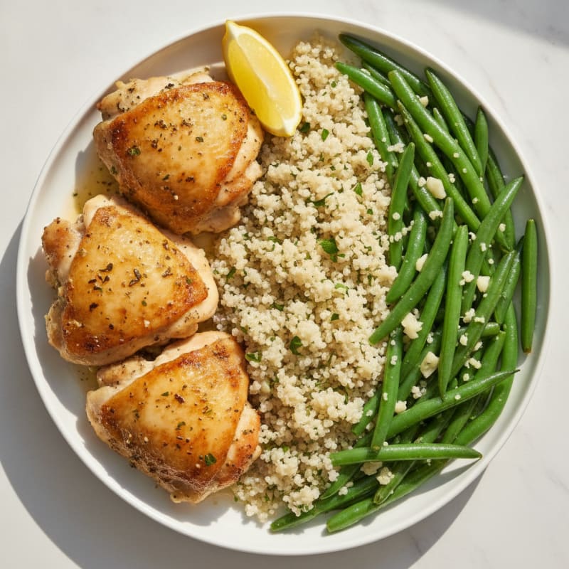 Roasted Chicken Thighs with Garlic Green Beans and Quinoa