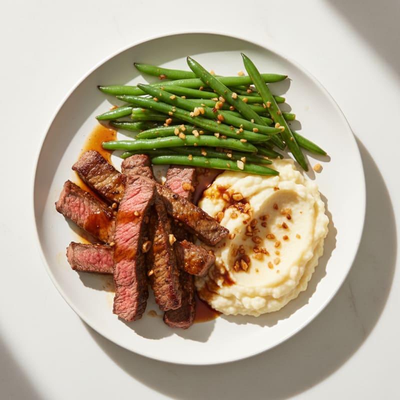 Seared Lean Beef Strips with Garlic Green Beans and Cauliflower Mash