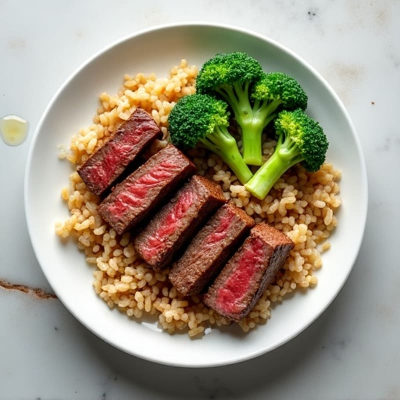 Seared Lean Beef Strips with Steamed Broccoli and Brown Rice
