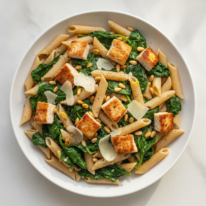 Garlic Spinach Pasta with Toasted Pine Nuts and Seared Chicken