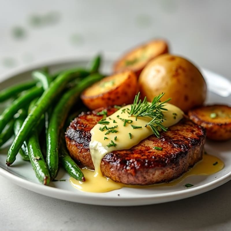 Garlic Butter Seared Steak with Roasted Potatoes and Green Beans