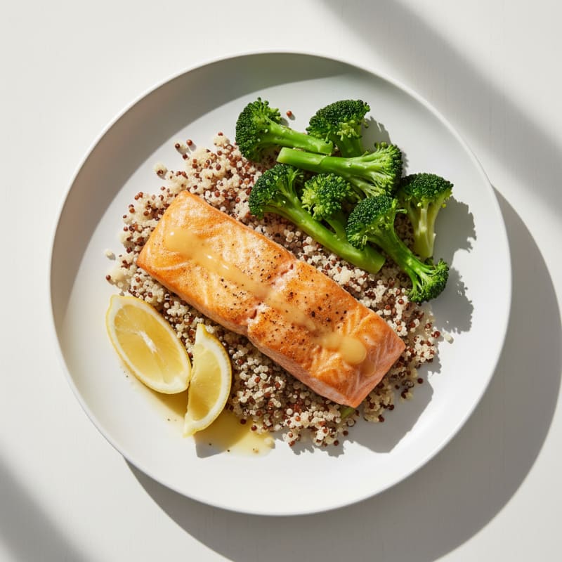 Seared Salmon Filet with Steamed Broccoli and Quinoa