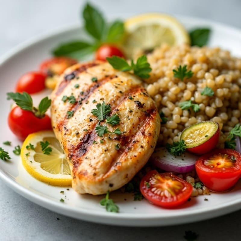 Lemon-Herb Chicken with Fresh Bulgar Wheat Salad and Roasted Vegetables