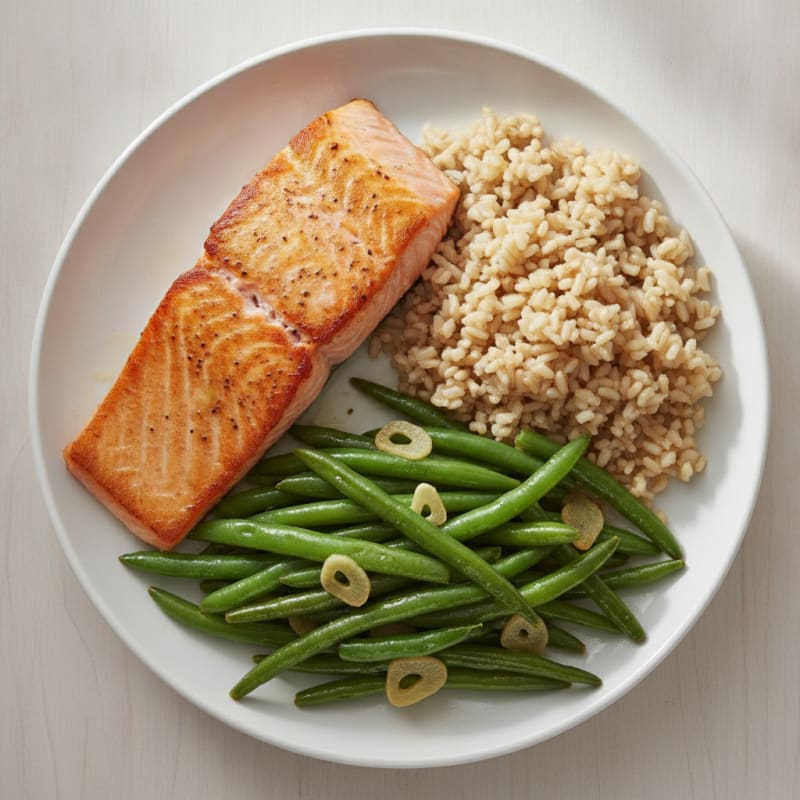 Seared Salmon with Garlic Green Beans and Brown Rice