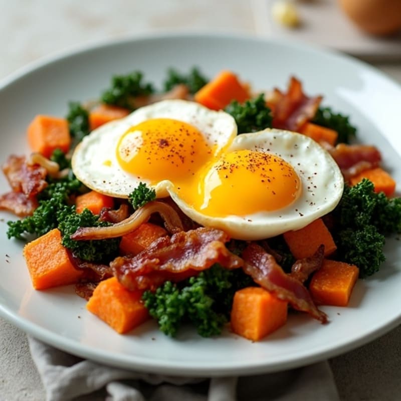 Sweet Potato and Kale Hash with Crispy Turkey Bacon and Poached Eggs