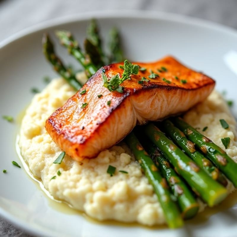 Seared Salmon Fillet with Roasted Asparagus and Cauliflower Mash