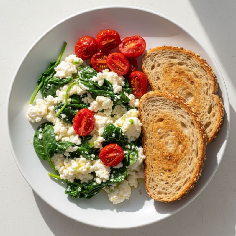 Egg White and Spinach Scramble with Cottage Cheese and Tomatoes