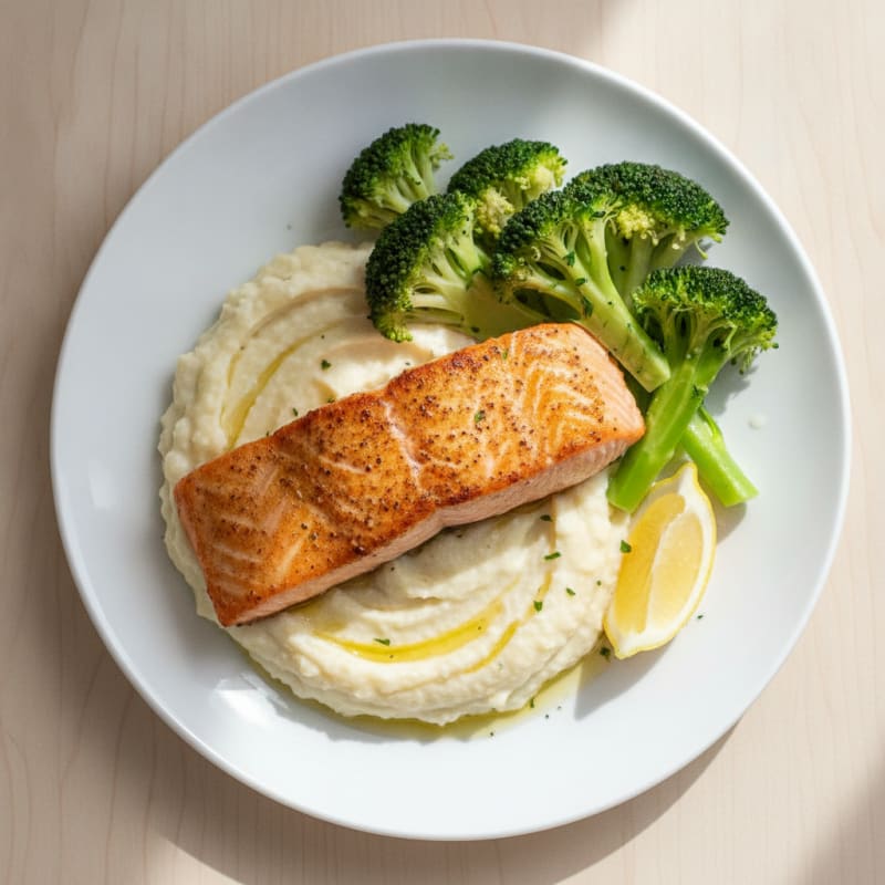 Seared Salmon with Steamed Broccoli and Garlic Cauliflower Mash