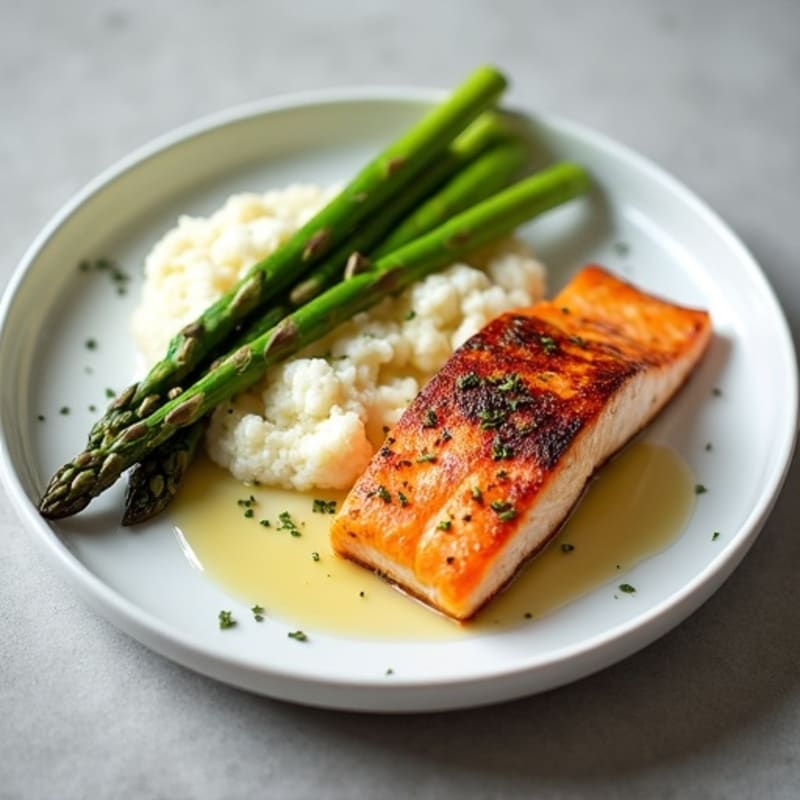 Seared Salmon with Steamed Asparagus and Cauliflower Mash