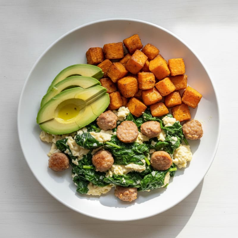 Egg White Spinach Scramble with Turkey Sausage