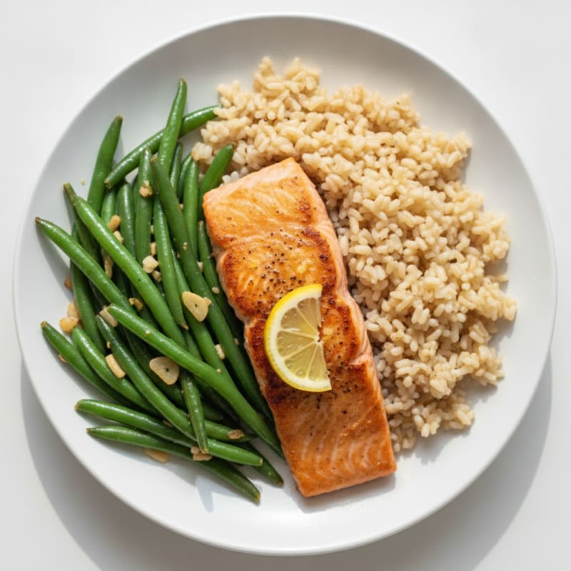 Seared Salmon Fillet with Garlic Green Beans and Brown Rice
