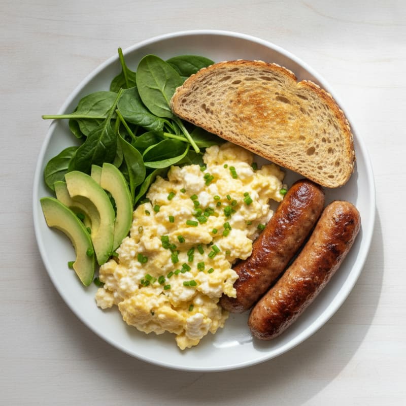 Creamy Scrambled Eggs with Cottage Cheese and Turkey Sausage