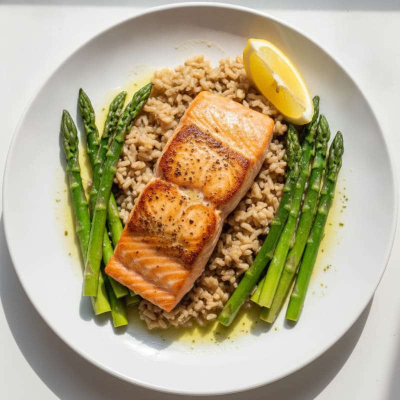 Seared Salmon Fillet with Steamed Asparagus and Brown Rice