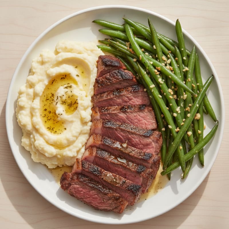 Seared Beef Steak with Garlic Green Beans and Mashed Cauliflower