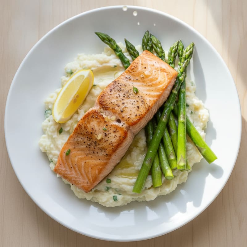 Seared Salmon Fillet with Steamed Asparagus and Cauliflower Mash