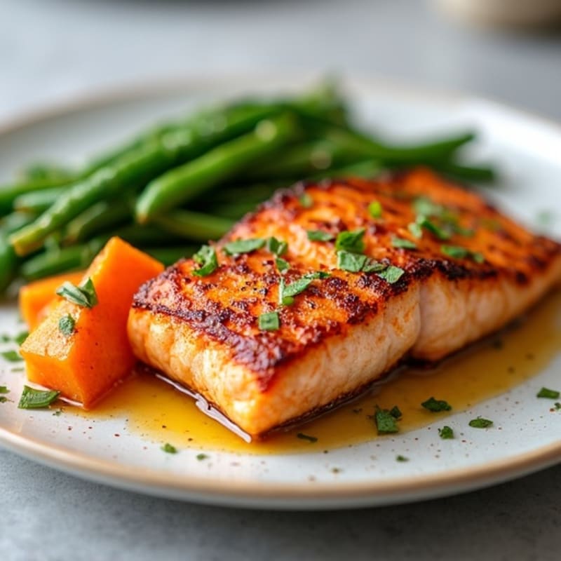 Pan Seared Salmon with Roasted Sweet Potatoes and Green Beans