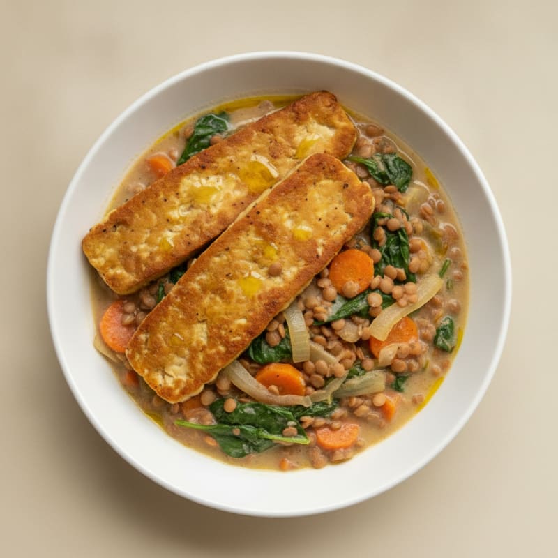 Creamy Lentil and Vegetable Stew with Seared Tempeh