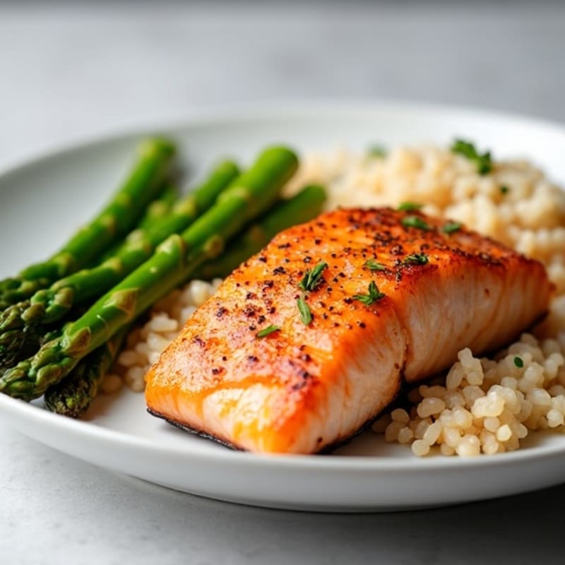 Seared Salmon Fillet with Steamed Asparagus and Brown Rice
