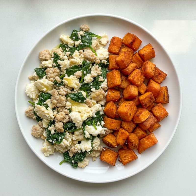 Egg White and Turkey Spinach Scramble with Roasted Sweet Potato