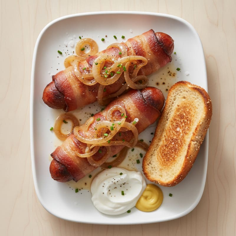 Bacon-Wrapped Hot Dogs with Caramelized Onions